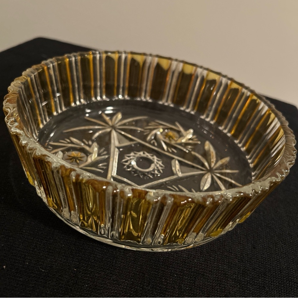 WALTHER Crystal Gold and Clear Glass Dish Sunburst pattern